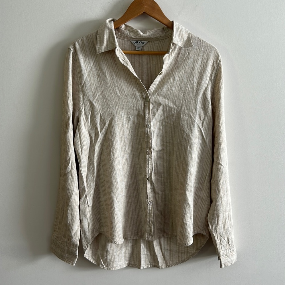 Orvis oversized linen blend button down mini stripe shirt size small